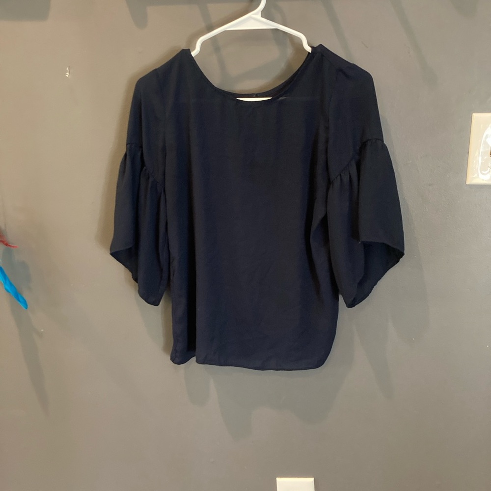 Loft size XS petite dark blue bell sleeved blouse short sleeved GUC - Picture 2 of 5